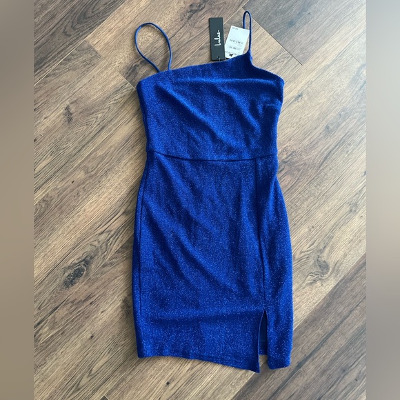 NWT - Lulus Take Me Anywhere Cobalt Sparkly Asymmetrical Bodycon Mini Dress XS - Picture 4 of 6